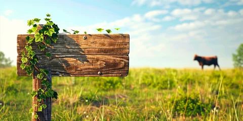 Gardinen Wooden sign in a field with a cow in the background. Space for text © Татьяна Гончарук
