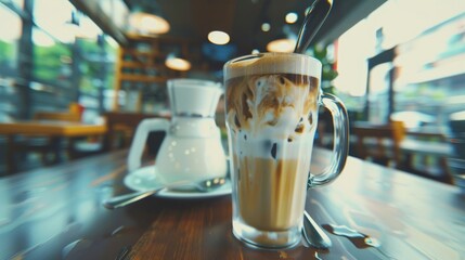 Iced Coffee with Cream on Old-Style Kitchen Table - obrazy, fototapety, plakaty