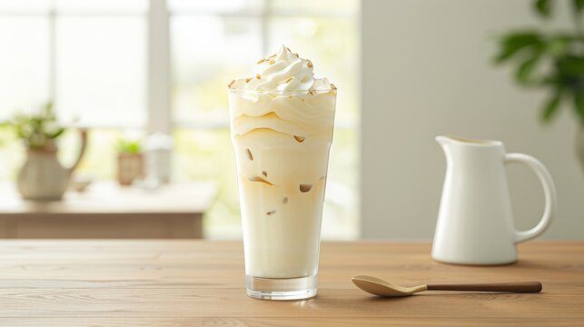 Iced Coffee with Cream on Old-Style Kitchen Table