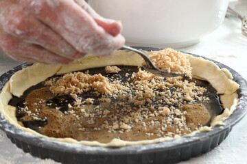 Sprinkle filling mixture over molasses and egg mixture. Making Treacle Pie Series.