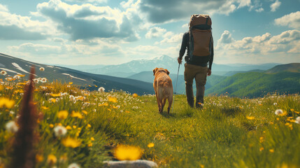 A lone hiker and their faithful dog walk through a lush, flower-filled meadow, with majestic mountains in the distance - obrazy, fototapety, plakaty