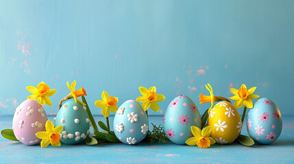 A range of Easter eggs with delicate floral designs and daffodils set before a striking teal backdrop, symbolizing the lively essence of Easter