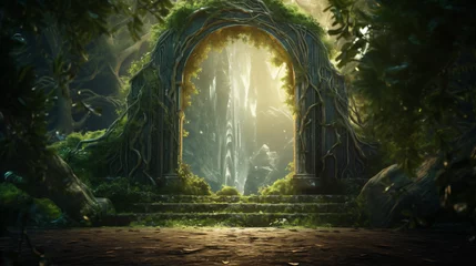 Abwaschbare Fototapete Nordlichter Magic teleport portal in mystic fairy tale forest