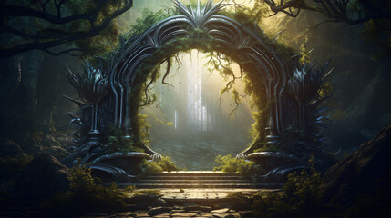 Magic teleport portal in mystic fairy tale forest