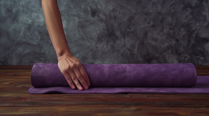 Fototapeta na wymiar Woman's Hands Unrolling Purple Yoga Mat on Wooden Floor