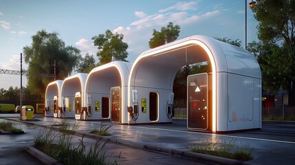 a modern high-tech hydrogen fueling station with illuminated lighting. - obrazy, fototapety, plakaty