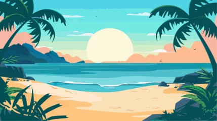  Tropical beach with palm trees and sunset, vector illustration. © Alice