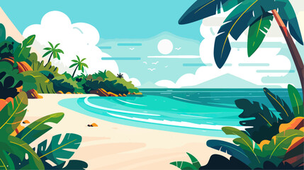 Tropical beach with palm trees and sunset, vector illustration.