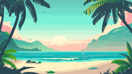 Fototapete Grüne Koralle Tropical beach with palm trees and sunset, vector illustration.