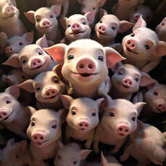 Fototapeta premium cute animated pigs, from above сreated with Generative Ai