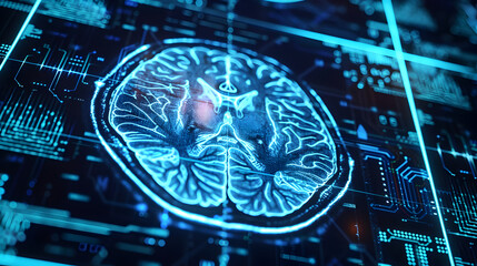 Detailed MRI scan of a brain affected by neurodegenerative diseases, showing areas of atrophy and the hallmark signs of degeneration