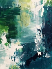 A vibrant abstract painting featuring shades of green and blue, creating a dynamic and visually stimulating composition