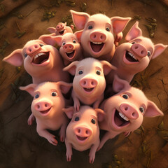 Fototapeta premium cute animated pigs, from above сreated with Generative Ai