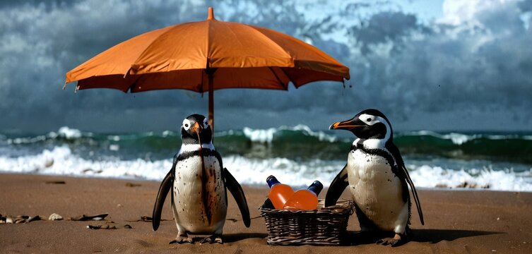 Two penguins stand under a shared umbrella on a beach with a stormy backdrop, showcasing a dramatic and surreal contrast. The scene captures a unique blend of nature's unpredictability and playful