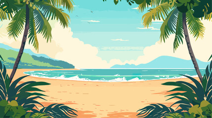 Fototapeta na wymiar Tropical beach with palm trees and sunset, vector illustration.