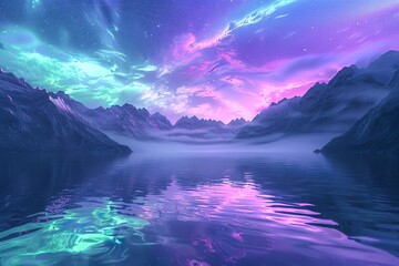 a neon-pastel gradient aurora over a tranquil lake, reflecting the dance of spiritual enlightenment, Digital art background - obrazy, fototapety, plakaty