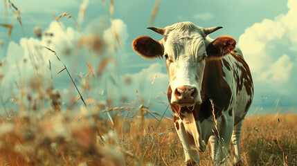 A brown and white cow with horns standing in a field of tall grass. The cow is staring directly at the camera. The sky is visible in the background.