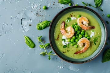 Green Pea Soup with Shrimp on Blue Background, Top View