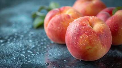 Fototapeta na wymiar Fresh peaches isolated on dark surface. Studio lighting. Nourishment. Health food. Vitamins.