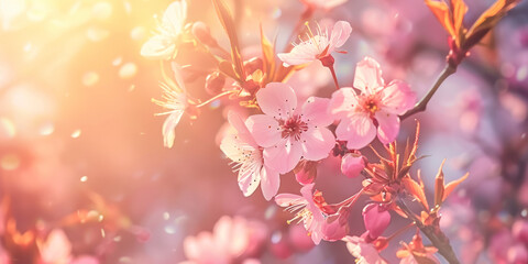 Obraz premium Horizontal banner with sakura flowers of pink color on sunny backdrop. Beautiful nature spring background.
