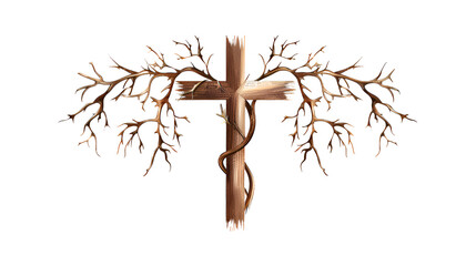 Cross, easter made of wood, leaves, thorns and tree branches on white background, copy space  - obrazy, fototapety, plakaty
