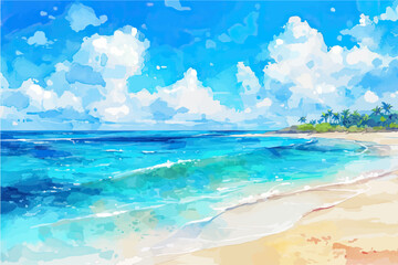 Tropical beach with palm trees and sunset, vector illustration.