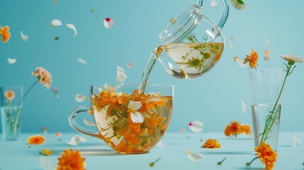Kettle Pouring Tea into Glass Cup with Flowers on Blue Background