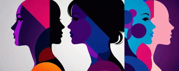 A series of abstract female silhouettes, each portrayed with a unique blend of colorful geometric shapes. These silhouettes celebrate diversity and modern art styles.