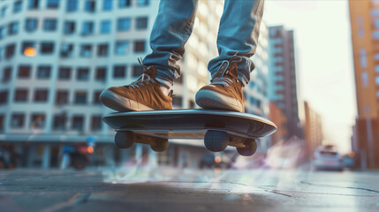 Close-up of hoverboard, hoverboard rider's legs, floating in the air in the city, future of air vehicles.