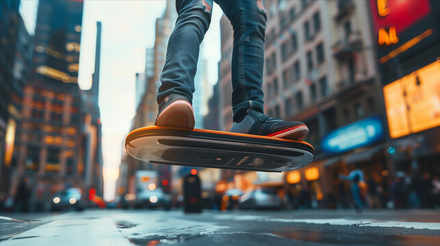 Close-up of hoverboard, hoverboard rider's legs, floating in the air in the city, future of air vehicles.
