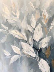 A painting featuring white leaves scattered across a muted gray background, creating a striking contrast