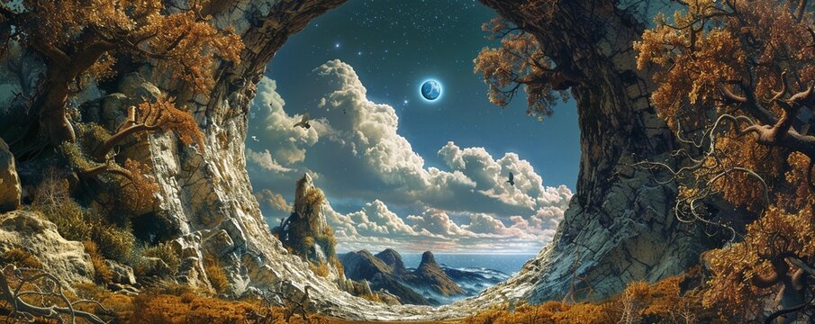 Capture the intricate details of a dream-like landscape with a close-up shot, revealing a portal to a parallel universe within