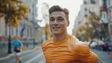 Fototapeta premium Caucasian male runner Running to the finish line in the city, people greeting at the finish line.