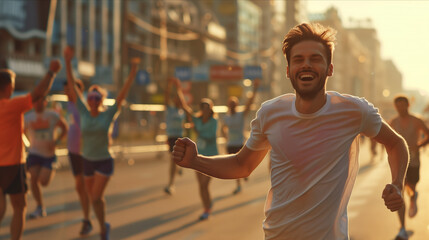 Fototapeta na wymiar Caucasian male runner Running to the finish line in the city, people greeting at the finish line.