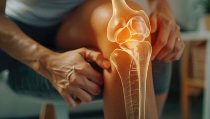A person is massaging their knee with an animated glowing joint in the background, symbolizing pain relief and self care for people suffering from joint pain