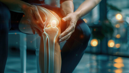 A person is massaging their knee with an animated glowing joint in the background, symbolizing pain relief and self care for people suffering from joint pain - obrazy, fototapety, plakaty