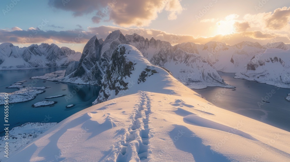 Aufkleber a scenic view of a snow-covered mountain with tracks in the snow. suitable for winter and nature the