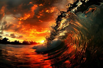 Vibrant Coastal Energy: Captivating HD Wallpaper of a Beach with Crashing Waves at Sunset
