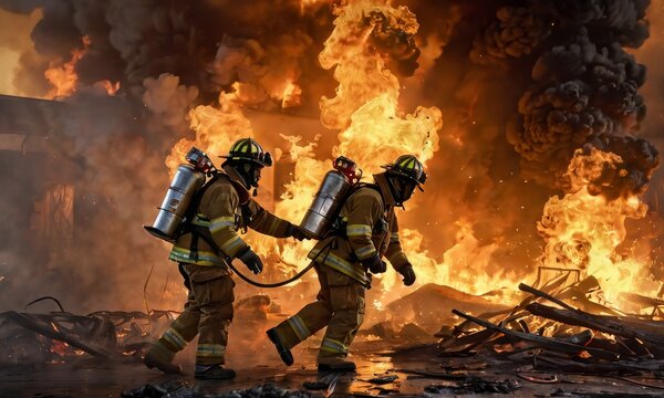 Two firefighters advance through a raging fire, hoses in hand. The image captures the intense heat and danger faced by these heroes in action.