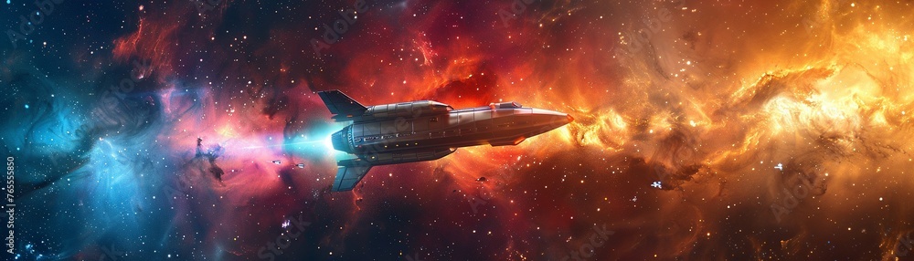 Poster design an innovative and futuristic image showcasing a spaceship traveling through a colorful nebula