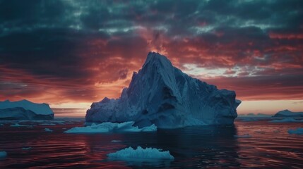 Large iceberg floating in a body of water, perfect for environmental themes - obrazy, fototapety, plakaty