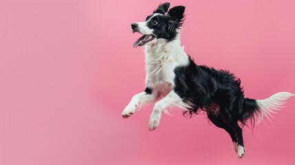 A black and white dog captured mid-air jump. Suitable for pet-related designs