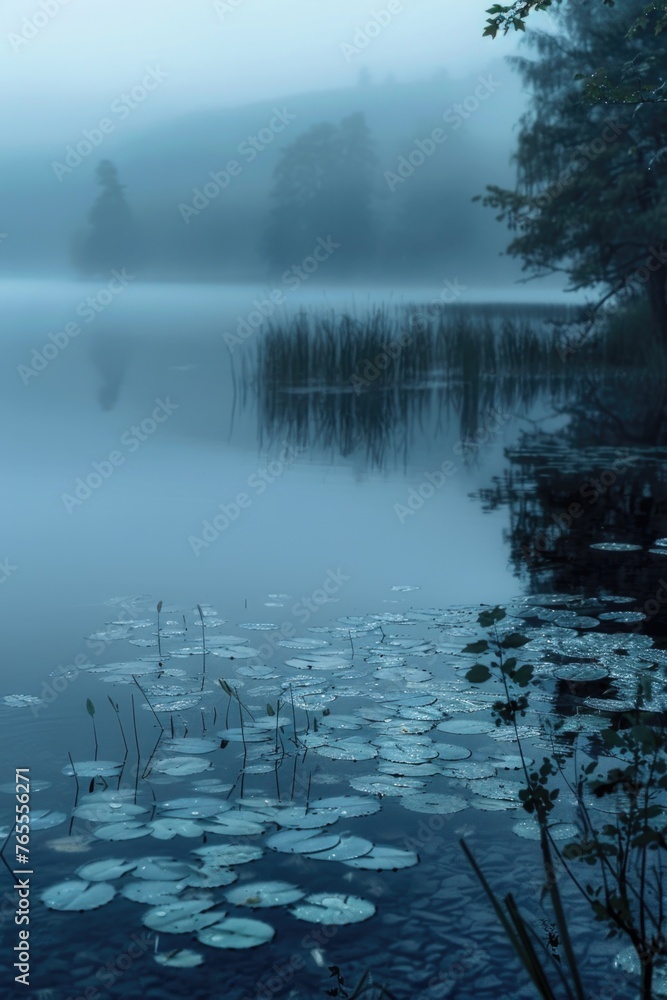 Poster a serene body of water with floating lily pads. ideal for nature and relaxation concepts