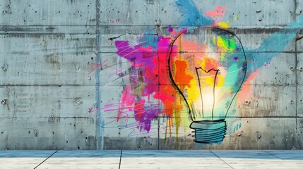 Colorful light bulb painted on a concrete wall, perfect for creative concepts and innovation themes