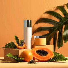 Summer cosmetic mock up. Composition with papayas fruit, cream jar, container, serum bottle. Cosmetic with papayas extract concept. Ads background. Generative ai 
