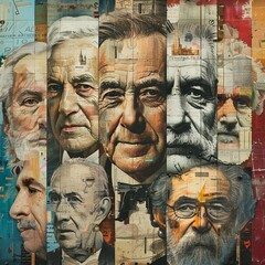 Create a dynamic collage of portraits featuring influential changemakers throughout history Incorporate elements that represent their contributions, such as scientific tools, artistic brushes, or poli - obrazy, fototapety, plakaty