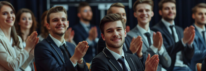 Selective focus of A group of businessmen clapping in a seminar room. - obrazy, fototapety, plakaty