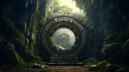 Tuinposter Portal in stone arch with magical symbols in mountain © Little
