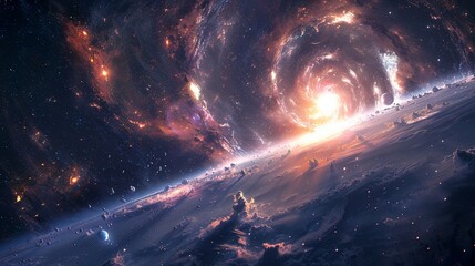 Imagine a futuristic scene where a spaceship braves turbulent cosmic forces while marveling at the beauty of distant galaxies Depict the contrast between the daunting challenges and awe-inspiring wond - obrazy, fototapety, plakaty