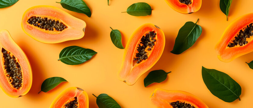 Papaya fruits mockup. Flat lay colorful background. Minimal concept. Tropicalexotical fruits banner. Generative ai